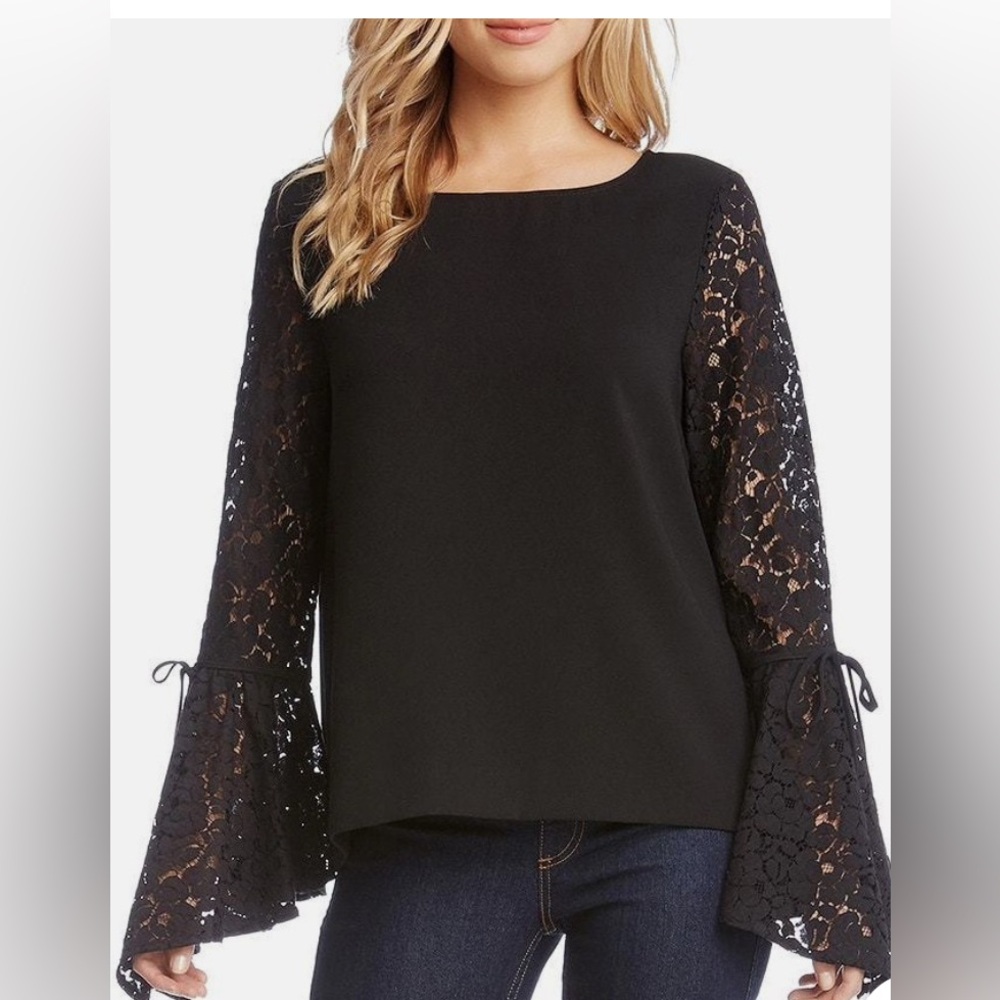 Karen Kane Black Tie Lace Bell Sleeve Crepe Top - Picture 11 of 11